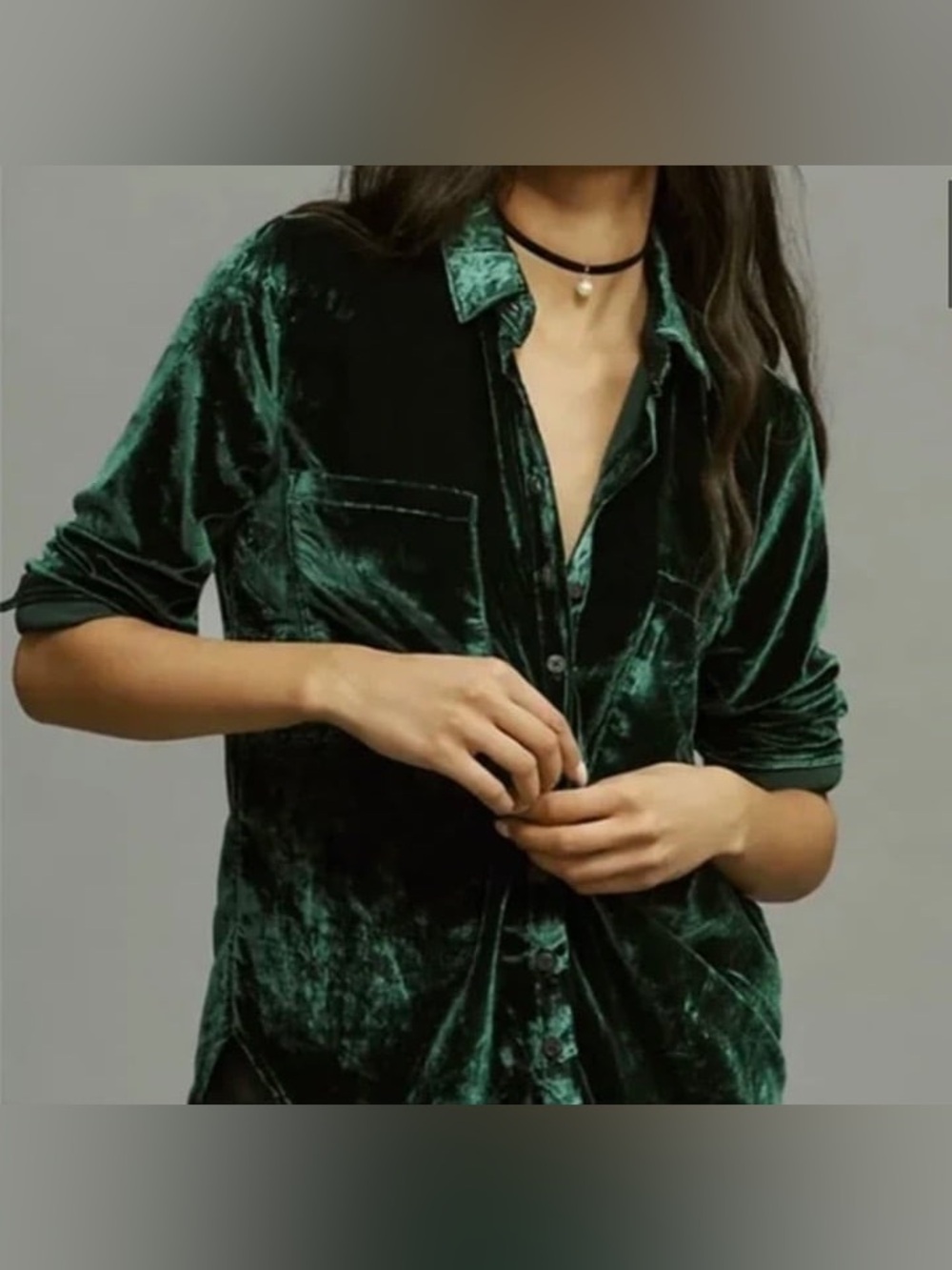 Anthropologie Pilcro Women's Velvet Button-Up Shirt - Emerald Green 2X